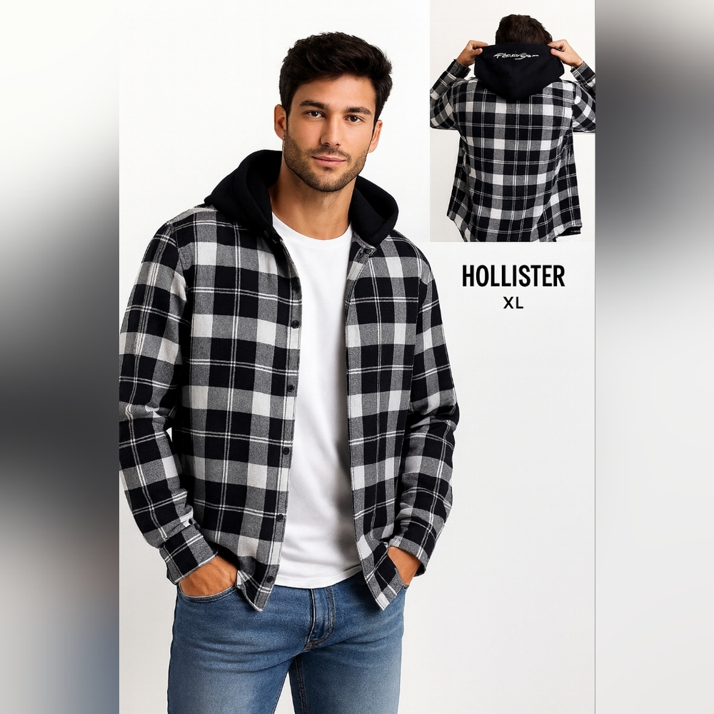 Hollister Men’s Plaid Flannel Shirt Hoodie Black White Cotton Size XL